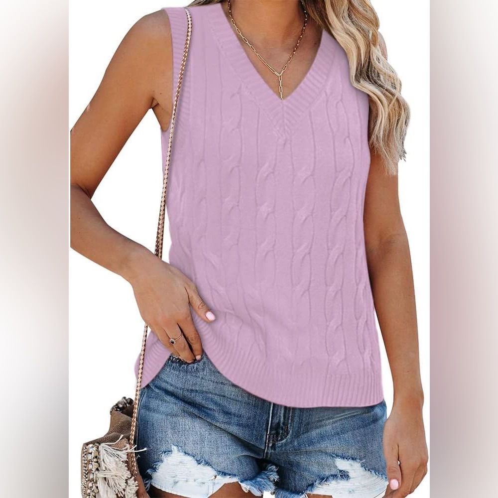 Women's Sleeveless V-Neck Vintage Sweater Knitted Vest Casual Purple S